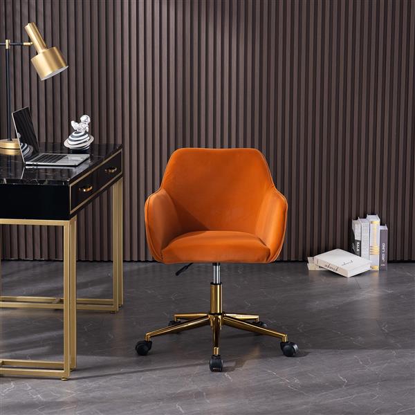 Modern Velvet Fabric Material Adjustable Height 360 revolving Home Office Chair with Gold Metal Legs and Universal Wheels for Indoor,Orange