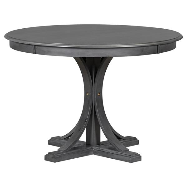 5-Piece Retro Round Dining Table Set with Curved Trestle Style Table Legs and 4 Upholstered Chairs for Dining Room (Dark Gray)