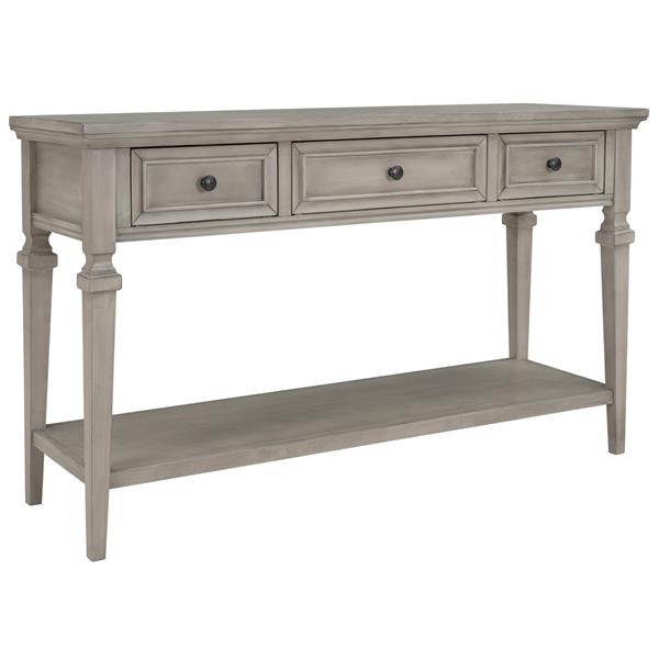 Classic Retro Style Console Table with Three Top Drawers and Open Style Bottom Shelf, Easy Assembly (Gray Wash)