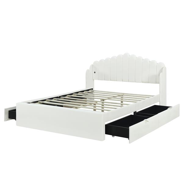 Queen Size Upholstered Platform Bed with 4 Drawers and 2 USB, Beige