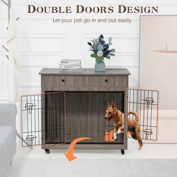  38.4" Wooden Dog Crate Furniture Decorative Pet Cage Dog Kennel with 2 Drawers