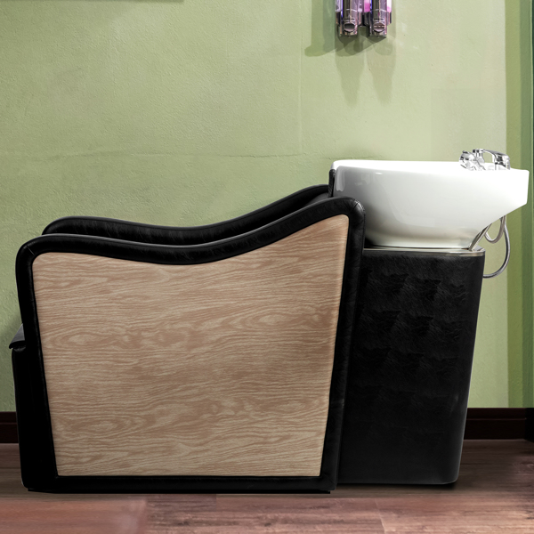 PVC leather ceramic white basin stainless steel base semi reclining double leg adjustable hair washing chair wood grain color