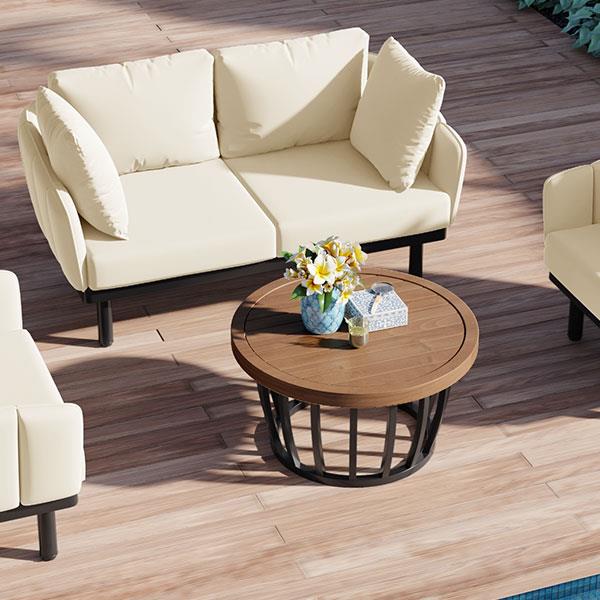 Luxury Modern 4-Piece Outdoor Iron Frame Conversation Set, Patio Chat Set with Acacia Wood Round Coffee Table for Backyard, Deck, Poolside, Indoor Use, Loveseat+Arm Chairs, Beige