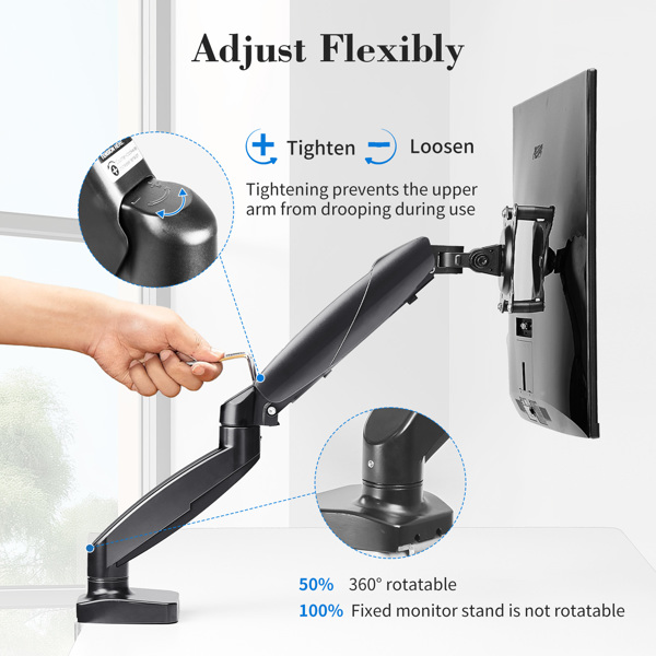 The monitor arm is adjustable for desktop mount and fits 15-27 inch monitors with weight capacities up to 15.4 pounds, black 