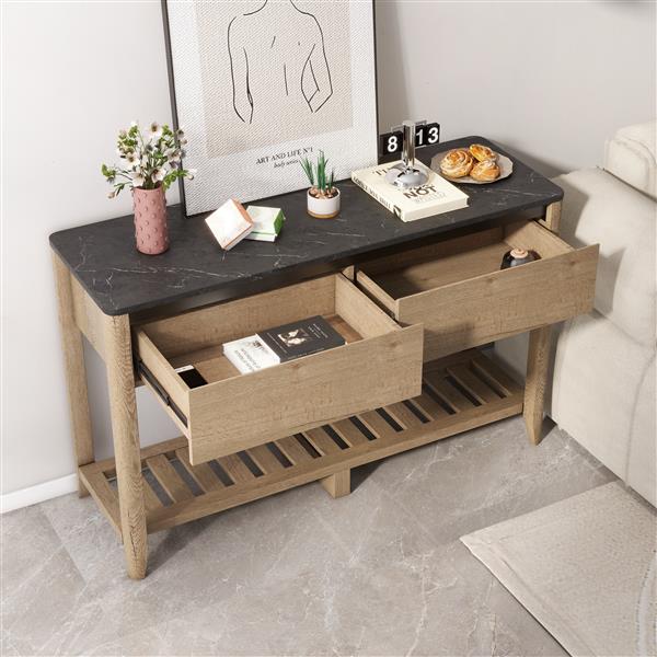 47 Inch Modern Farmhouse Double Drawers Console Table for Living Room or Entryway, Tobacco Wood and White Marble Texture