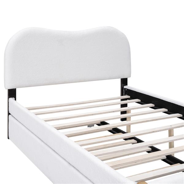 Full Size Upholstered Platform Bed with Wood Supporting Feet and Twin Size Trundle, White