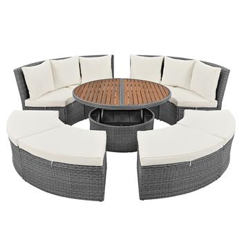 Patio 5-Piece Round Rattan Sectional Sofa Set All-Weather PE Wicker Sunbed Daybed with Round Liftable Table and Washable Cushions for Outdoor Backyard Poolside, Beige