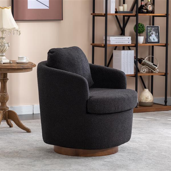 035-Boucle Fabric Swivel Chair With Soild Wood Round Brown Base Leg,Black