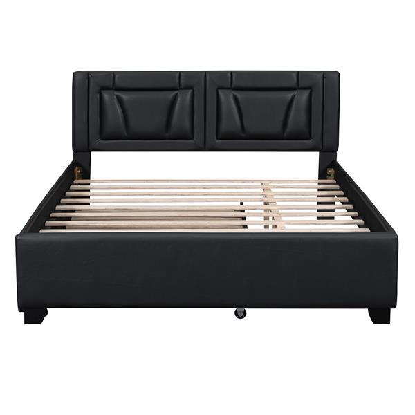 Queen Size Upholstered Platform Bed with Headboard and Twin Size Trundle, Black