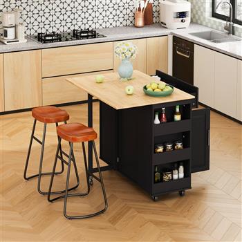 Multi-Functional Kitchen Island Cart with Stylish and Minimalist Bar Stools, Combination Set, Convenient and Practical (Black Kitchen Island + Brown Bar Stools)