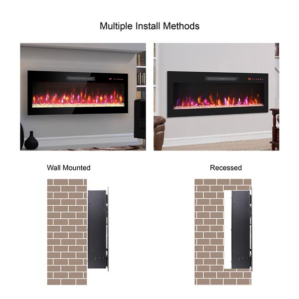 36 inch recessed ultra thin tempered glass front wall mounted electric fireplace with remote and multi color flame & emberbed, LED light heater