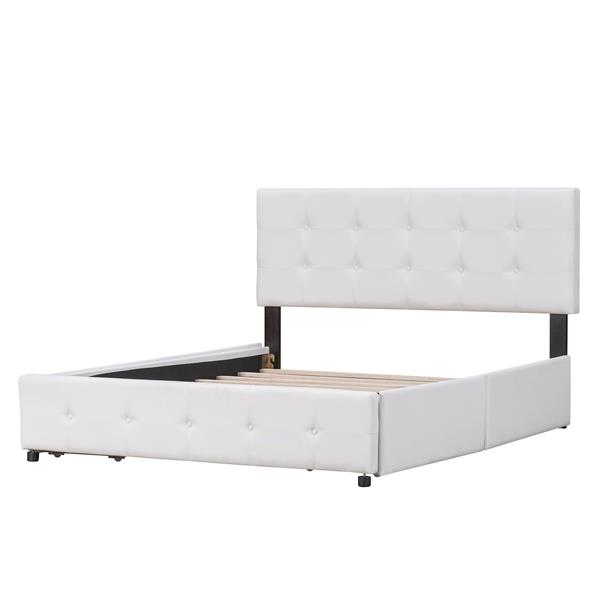 Upholstered Platform Bed with Classic Headboard and 4 Drawers, No Box Spring Needed, Linen Fabric, Queen Size White