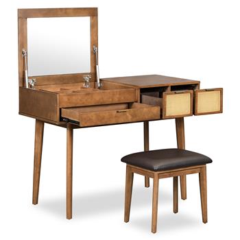 43.3\\" Classic Wood Makeup Vanity Set with Flip-top Mirror and Stool, Dressing Table with Three Drawers and storage space, Brown