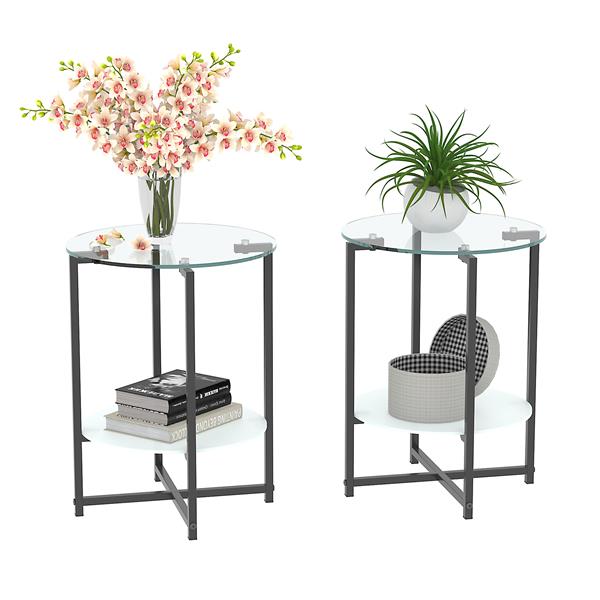 2-piece set (Clear) Tempered Glass End Table, Round Coffee Table for Bedroom Living Room Office