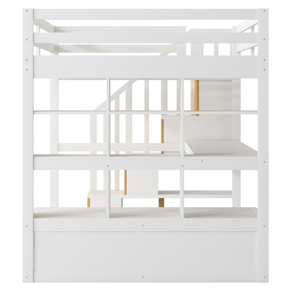 Full Size Loft Bed with Desk and Shelves, Two Built-in Drawers, Storage Staircase, White and Natural 