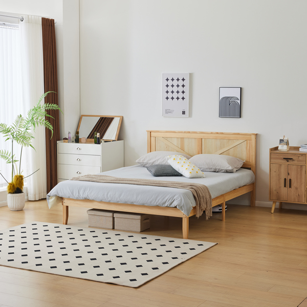 Full Size Solid Wood Platform Bed Frame with Headboard Natural