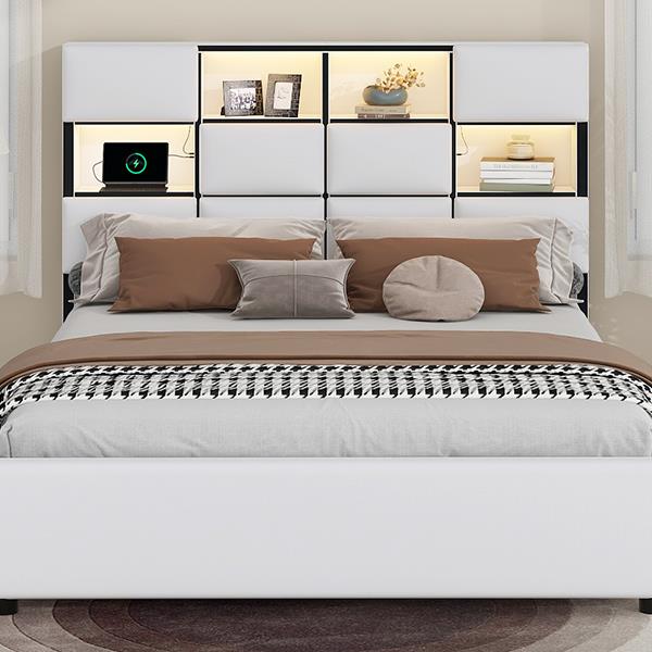 Queen Size Upholstered Platform Bed with LED, Storage and USB, Beige