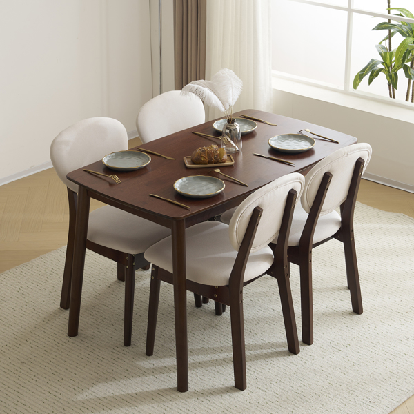 Rubber wood soft bag deep walnut dining table and chair set 1 table 4 chairs beige cushion rectangular