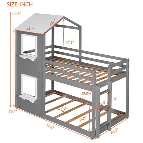 Twin Over Twin Bunk Bed Wood Bed with Roof, Window, Guardrail, Ladder (White)