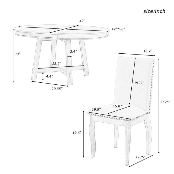 5-Piece Farmhouse Dining Table Set Wood Round Extendable Dining Table and 4 Upholstered Dining Chairs (Natural Wood Wash)