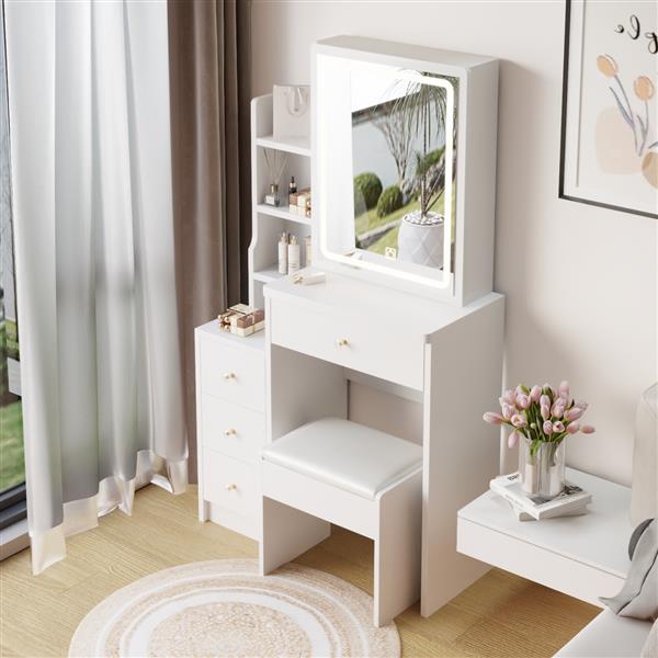 Small Size Left Bedside Cabinet Vanity Table + Cushioned Stool, Extra Large Touch Control Sliding LED Mirror, Tri-color Switching, Brightness Adjustable, Suitable for Girls No More Than 5.6ft Tall