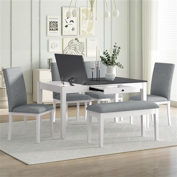 Farmhouse 6-Piece Dining Table Set with Storage Table, Kitchen Table Set with Drawer, Storable Bench and Upholstered Dining Chairs, White+Gray