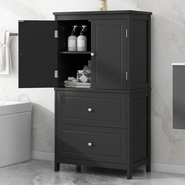 Bathroom Storage Cabinet, Cabinet with Two Doors and Drawers, Adjustable Shelf, MDF Board, Black 