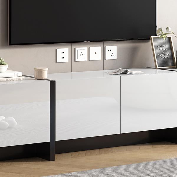 [VIDEO provided] White & Black Contemporary Rectangle Design TV Stand, Unique Style TV Console Table for TVs Up to 80'', Modern TV Cabinet with High Gloss UV Surface for Living Room.