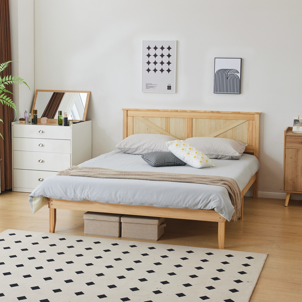 Full Size Solid Wood Platform Bed Frame with Headboard Natural