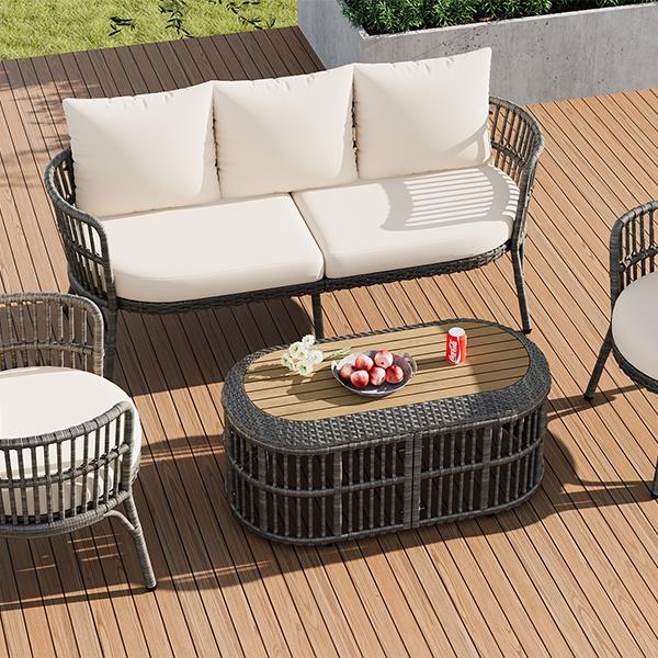 4-Piece Rattan Outdoor Patio Conversation Set with Seating Set for 5 and Coffee Table for Porch, Backyard and Garden (Grey)