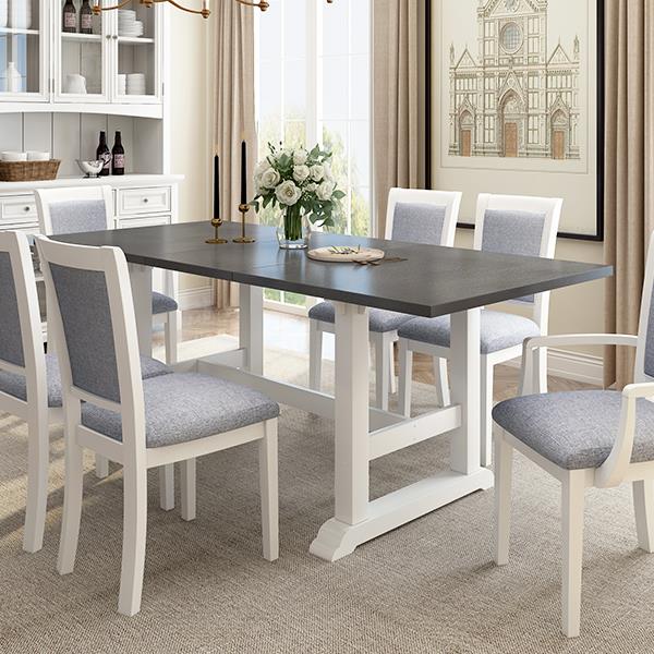 7-Piece Updated 76.9inch Extendable Trestle Dining Table Set with Removable Leaf, Kitchen Table Set with Upholstered Side Chair and Arm Chair, Set of 6, White