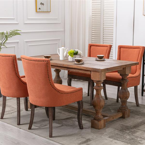 Furniture,Ultra Side Dining Chair，Thickened fabric chairs with neutrally toned solid wood legs， Bronze nail head，Set of 2，Orange