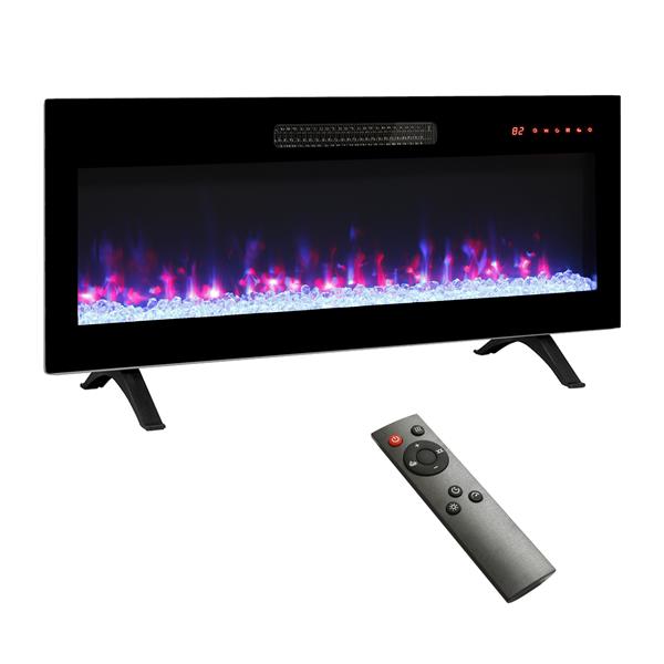 36 inch recessed ultra thin tempered glass front wall mounted electric fireplace with remote and multi color flame & emberbed, LED light heater