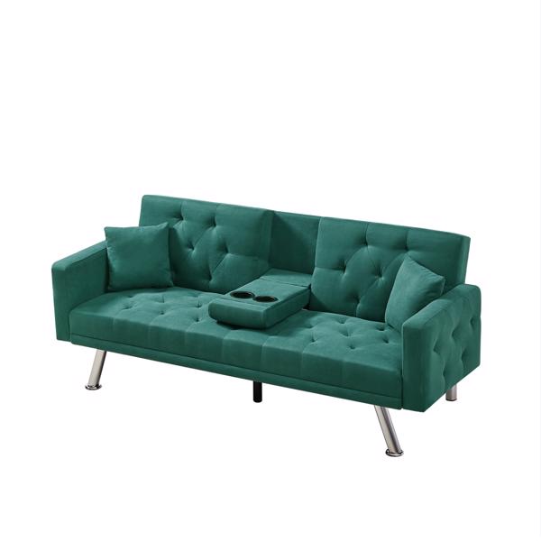 Dark Green Linen Convertible Sofa and Bed, Square Arm Armrests, Can Hold Water Cup, Two Pillow