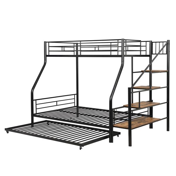 Twin over Full Size Metal Bunk Bed with Trundle and Storage Staircase, Black