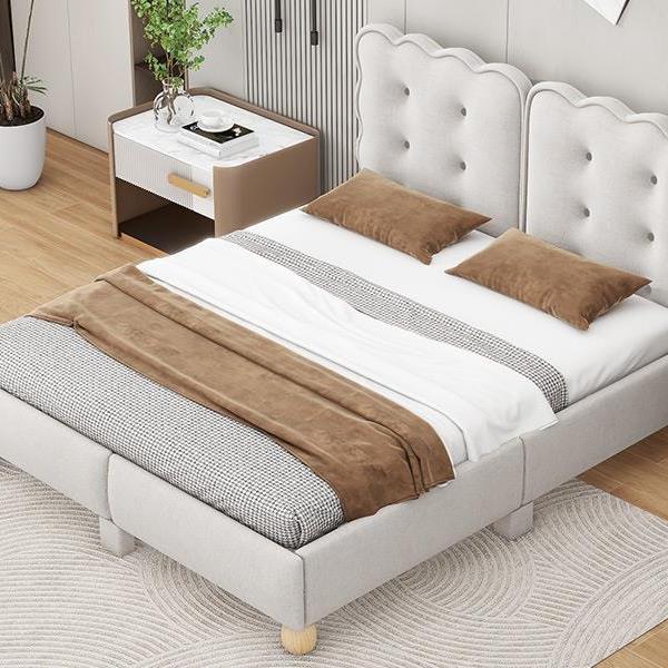 Queen Size Upholstered Platform Bed with Support Legs,Beige