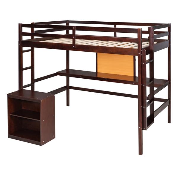 Full size Loft Bed with Desk and Writing Board, Wooden Loft Bed with Desk & 2 Drawers Cabinet- Espresso