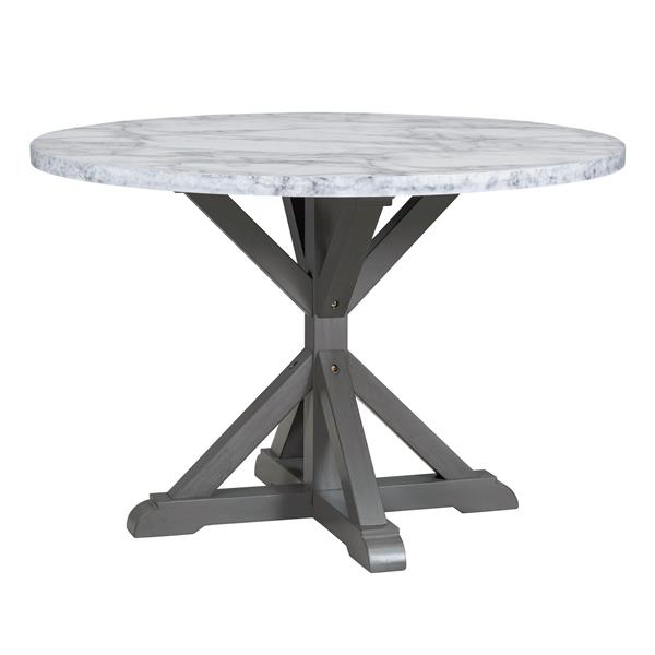 5-Piece Farmhouse Style Dining Table Set, Marble Sticker and Cross Bracket Pedestal Dining Table, and 4 Upholstered Chairs (White+Gray)