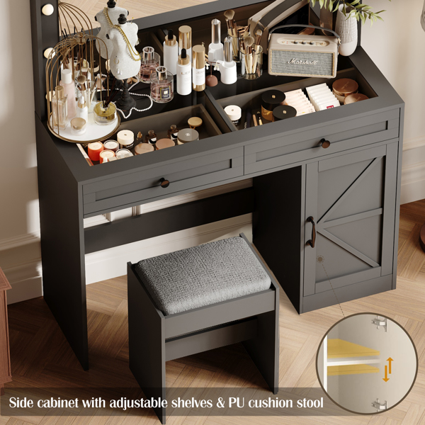 43.4"Makeup Vanity Table, Makeup Table with Large Mirror and 11 LED Light , Brightness Adjustable, Dressing Table Desk with 3 Drawers, Vanity Desk for Women(Black with Stool) 