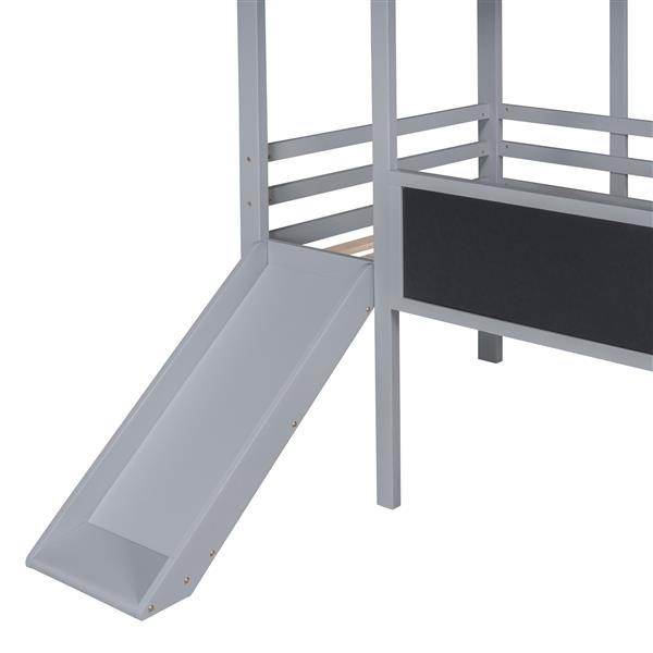 Twin Size Loft Bed with Ladder and Slide, House Bed with Blackboard and Light Strip on the Roof, Gray