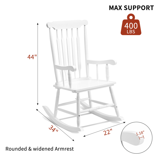 Patio Rocking Chair Solid Wood, Outdoor Porch Rocker Chair with Wooden Frame, Indoor Wooden Rocking Chair for Garden Backyard Balcony, White