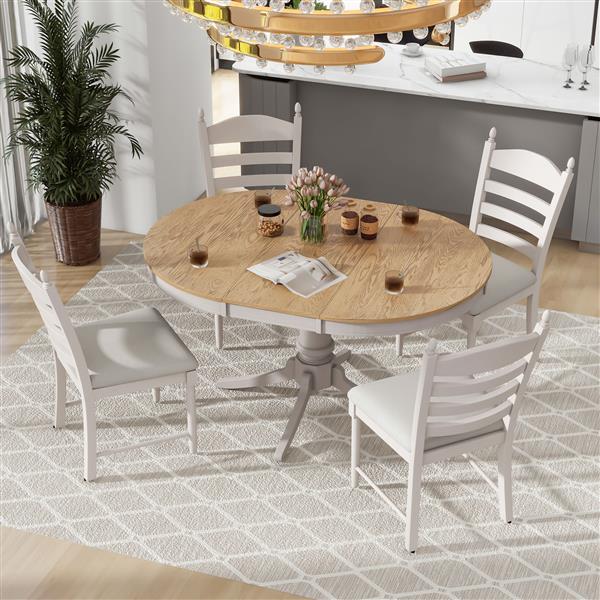 5-Piece Retro Functional Dining Table Set Wood Round Extendable Dining Table and 4 Upholstered Dining Chairs (Off White)