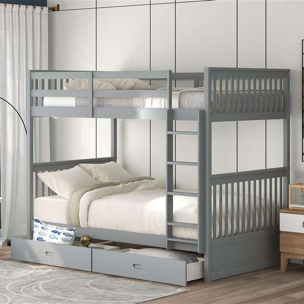 Twin-Over-Twin Bunk Bed with Ladders and Two Storage Drawers (Gray)(LT000265AAE)