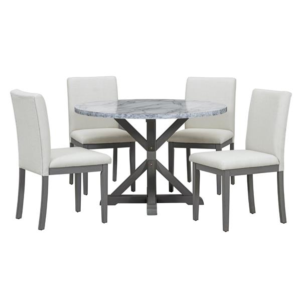 5-Piece Farmhouse Style Dining Table Set, Marble Sticker and Cross Bracket Pedestal Dining Table, and 4 Upholstered Chairs (White+Gray)