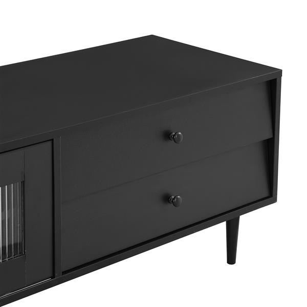 Chic Elegant Design TV Stand with Sliding Fluted Glass Doors, Slanted Drawers Media Console for TVs Up to 75", Modern TV Cabinet with Ample Storage Space, Black