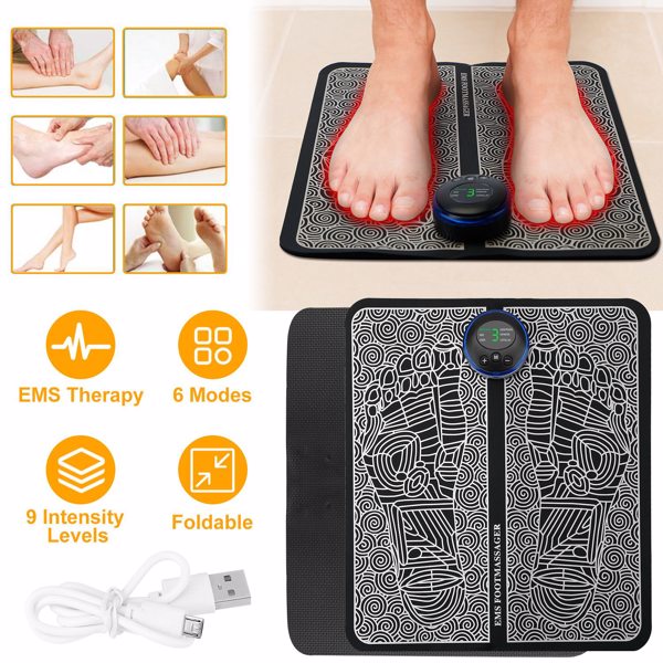 EMS Foot Massage Pad Electric Stimulator Massager Unit Rechargeable Leg Reshaping Muscle Pain Relax Massage Mat w/ 6 Modes 9 Intensity Levels