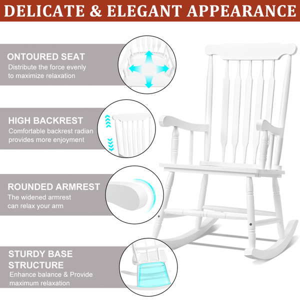 Patio Rocking Chair Solid Wood, Outdoor Porch Rocker Chair with Wooden Frame, Indoor Wooden Rocking Chair for Garden Backyard Balcony, White