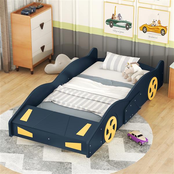 Twin Size Race Car-Shaped Platform Bed with Wheels and Storage, Dark Blue+Yellow