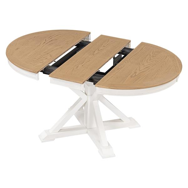 Retro Functional Extendable Dining Table with a 12" Leaf for Dining Room and Living Room (Oak Natural Wood + Off White)