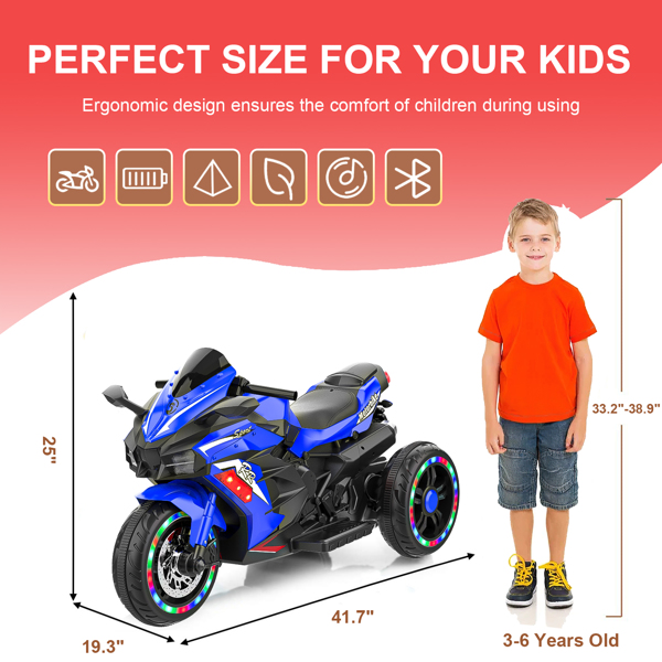 Electric Motorcycle for Kids, 12V Battery Powered Ride on Toys 3 Wheels Motorcycle with LED Lights, Bluetooth Music, Blue (No shipping on weekends) (Temu, Walmart Amazon prohibited)